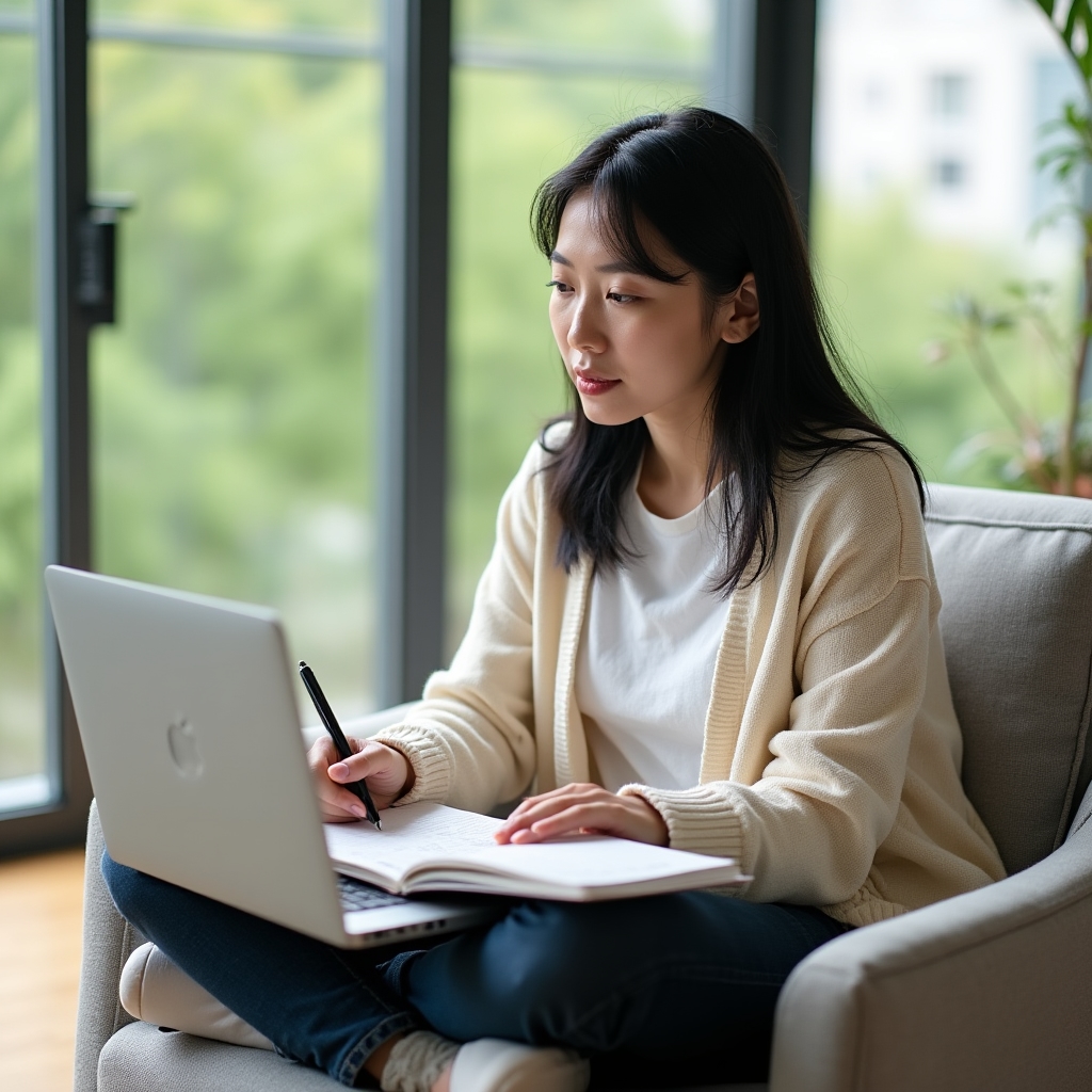 Persoană urmărind curs online pe laptop în spațiu modern